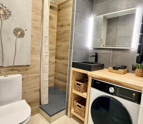 une salle de bain avec un lavabo et une machine à laver dans l'établissement Le Cocon du Lac, terrasse, vue lac, à Gérardmer