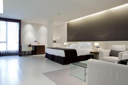 a hotel room with a bed and a desk and a couch at Hotel Diagonal Plaza in Zaragoza