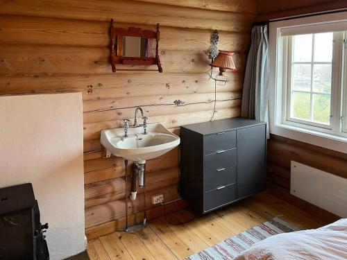 VenabygdにあるCharming Cabin Near Rondane National Parkの木製の壁に洗面台があるバスルーム