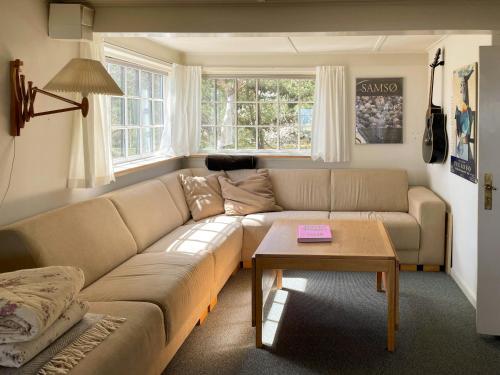 a living room with a couch and a table at Timber House With View On Samsø in Nordby