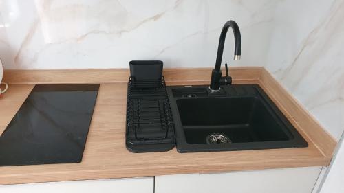 a kitchen counter with a sink and a black sink at Apartment Rakić Pomer in Pomer
