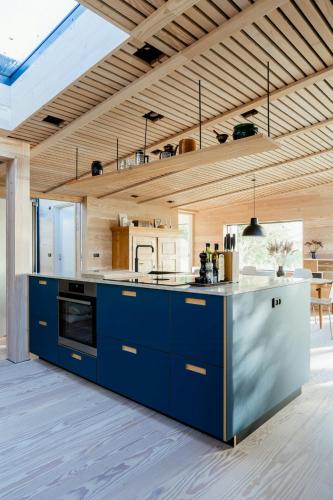NibeにあるFeel The Nature Inside In Architect-Designed Gemの青いキャビネットとカウンター付きの広いキッチン