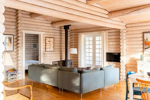 a living room with a couch and a fireplace at Cozy Times In Log House Amongst Trees in Ebeltoft
