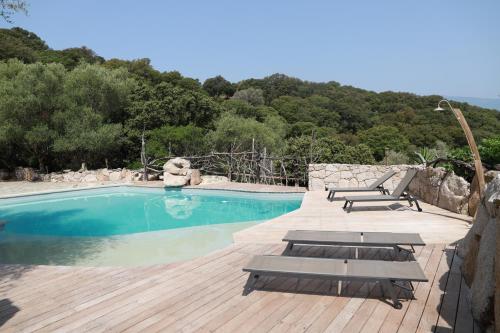 une piscine avec bancs et une terrasse en bois dans l'établissement Chalet en Corse du Sud, à Porto-Vecchio
