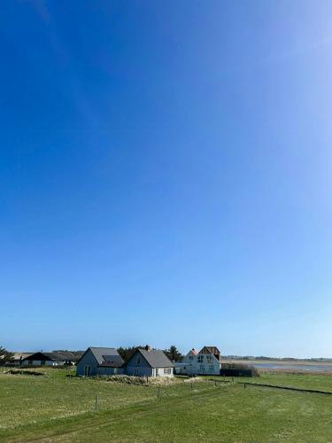 a group of houses in a field next to the ocean at Skipper House With Views Of The North Sea in Harboør