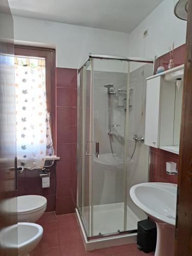 a bathroom with a shower and a toilet and a sink at Oasi Pieve in Pian di Scò