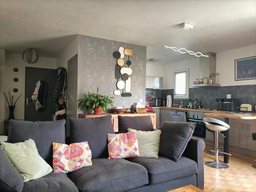 un salon avec un canapé et une cuisine dans l'établissement appartement Deux pièces au calme, à Toulouse