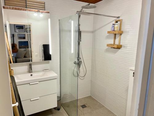 a bathroom with a shower and a sink at Le 140, Surf et Confort in Seignosse