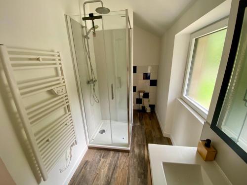 a bathroom with a shower and a sink at Charmante Maison au fil de la Voie Verte in Concarneau