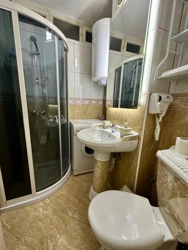 a bathroom with a toilet and a sink and a shower at Lakeside apartment in Struga