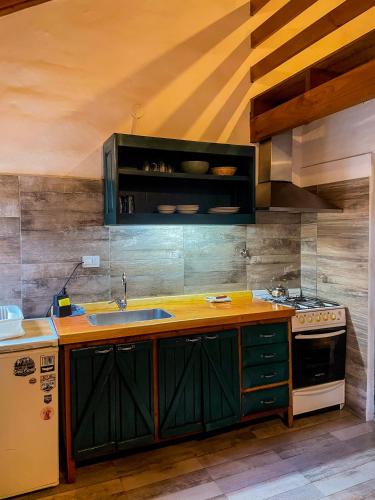 a kitchen with a sink and a stove at Complejo Don Cirilo in Villa Pehuenia