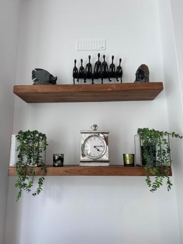 a shelf with a clock and plants on it at Brighton Rock Retreat in Brighton & Hove