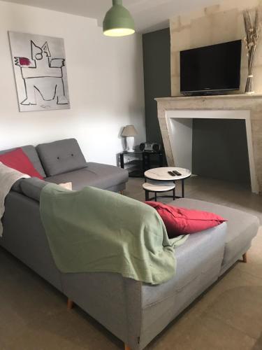 un salon avec un canapé et une cheminée dans l'établissement Escale détente, à Vayres