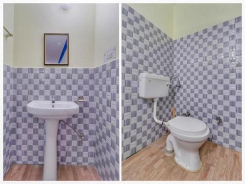 two pictures of a bathroom with a toilet and a sink at Hotel Abhinandan in Phata
