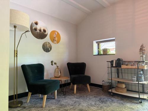 a living room with two chairs and a table at Bed en Breakfast Het Oelenest in Hooghalen