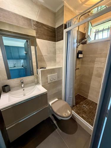 une salle de bain avec un lavabo, des toilettes et une douche dans l'établissement Appartement avec Loggia vue sur Hacienda, proche de la mer, à Saint Cyprien Plage