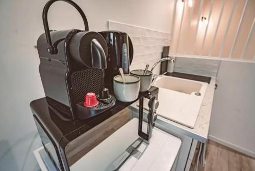 - une cuisine avec un comptoir, un évier et une cafetière dans l'établissement Socotra - Appartement chaleureux - Hyper-centre, à Reims