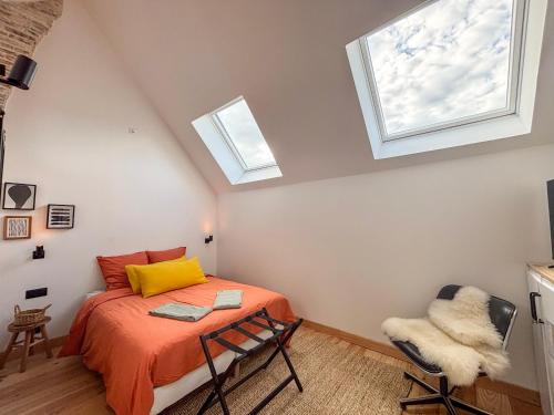 une chambre avec un lit et deux puits de lumière dans l'établissement Cottage romantique dans les champs, à Bonsmoulins