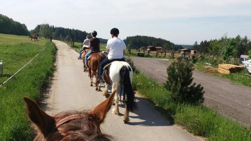 a group of people riding horses down a dirt road at Q Ranch in Bezděkov