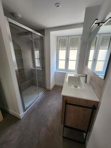 une salle de bain avec un lavabo et une douche dans l'établissement Joli appartement T3, à Allassac