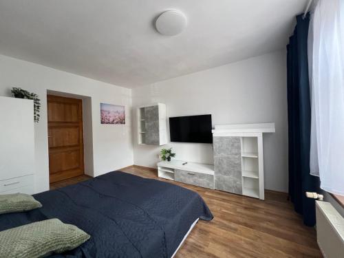 a bedroom with a bed and a flat screen tv at Apartmán 1 jar-leto in Martin
