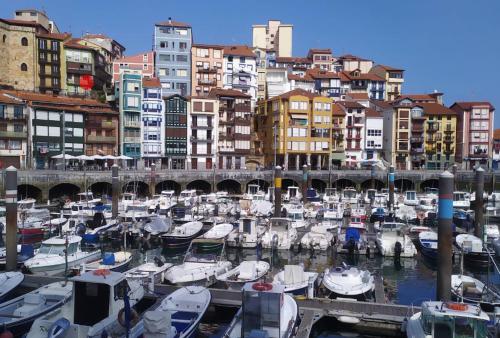 a group of boats docked in a harbor with buildings at Apartamento Kuttun Bermeo in Bermeo