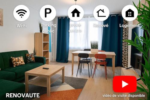 a living room with a green couch and a table at Elegant T3 renove, wifi, 6 personnes max in Blois