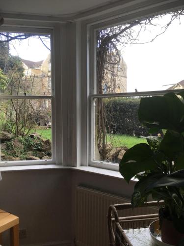 two windows in a room with a potted plant at Large flat with garden view near Bath centre in Bath