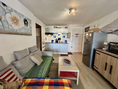 un salon avec un canapé et une cuisine dans l'établissement Appartement cosy avec loggia, proche plage & centre, 4 couchages à Saint-Cyprien - FR-1-225D-201, à Saint-Cyprien