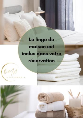 un collage d'images d'un lit et de serviettes dans l'établissement Charme & calme Cocon unique Centre à pied, à Romans-sur-Isère