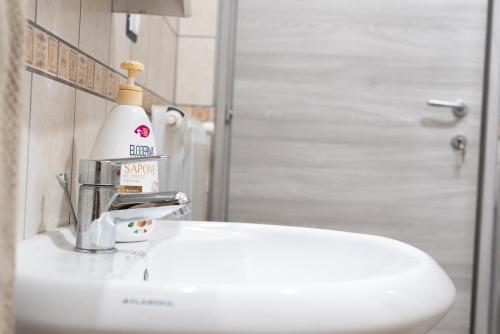 a bathroom sink with a bottle of soap on it at Vicolo del Sole in Santo Stefano del Sole