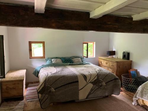 - une chambre avec un lit et 2 fenêtres dans l'établissement Charming 18th Century Wooden cottage, à Rohrbach an der Lafnitz