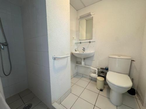 une salle de bain avec toilettes et lavabo dans l'établissement La Vallée Appartement 36 - Thermes Neyras les Bains, à Meyras