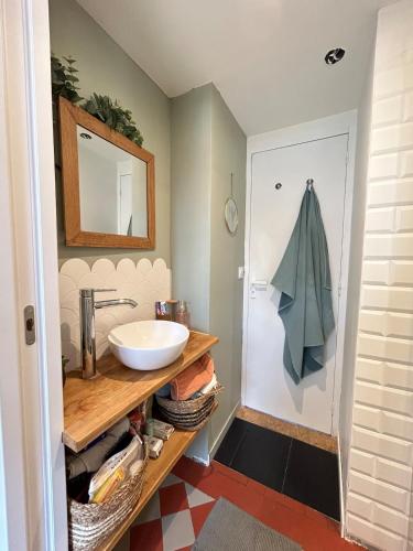 une salle de bain avec un lavabo et un miroir dans l'établissement Caen, très jolie maison à deux pas du mémorial, à Caen