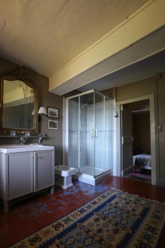 une salle de bain avec une douche, un lavabo et un miroir dans l'établissement Le gîte de Montjardin du Château de Vaulx, à Saint-Julien-de-Civry