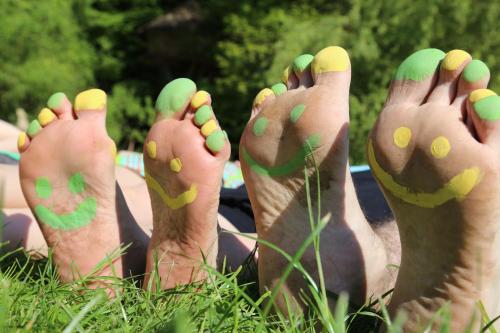 un groupe de pieds avec de la peinture verte et jaune dessus dans l'établissement La Ferme Aventure, à La Chapelle-aux-Bois