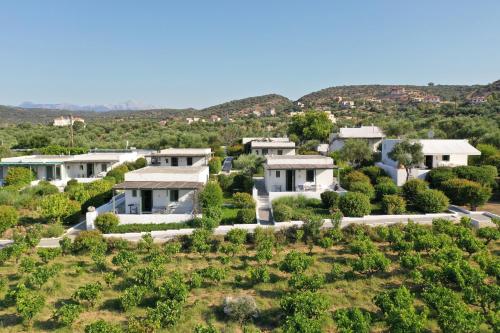 an aerial view of a villa with trees and houses at Niriides Beachfront Resort in Gythio