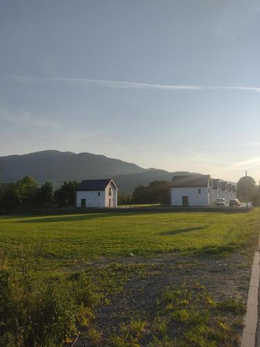 a field with two white buildings in the distance at Nowa Osada in Łącko