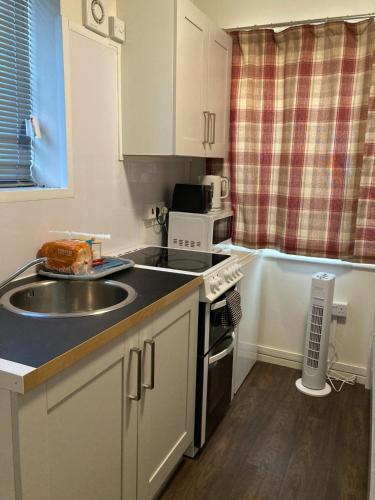 a kitchen with a sink and a stove top oven at Studio Flat in Walsall with Option of Large Garden for Events in Bloxwich