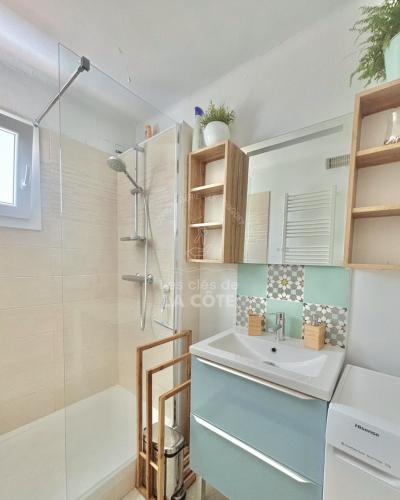 une salle de bain avec un lavabo et une douche dans l'établissement Maison Sable & Mer, à Merlimont