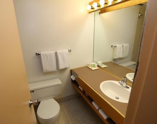 une salle de bain avec un lavabo, des toilettes et un miroir dans l'établissement Hôtels Gouverneur Rimouski, à Rimouski