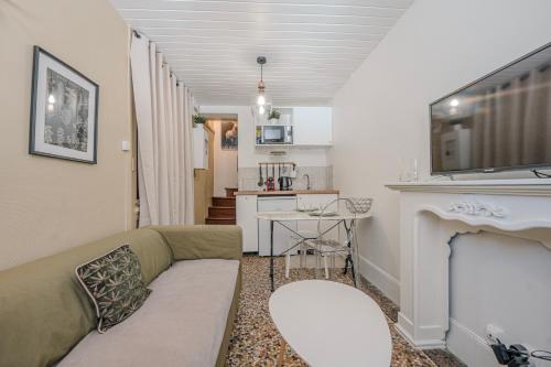 un salon avec un canapé et une cheminée dans l'établissement Entre Thiers et Vous - HyperCentre, à Grenoble