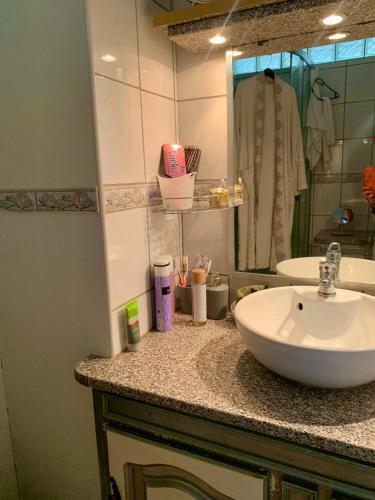 un comptoir de salle de bain avec un lavabo et un miroir dans l'établissement Appartement tout confort, à Tarbes