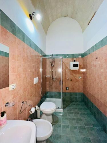 a bathroom with a toilet and a shower and a sink at Gioem in Botrugno