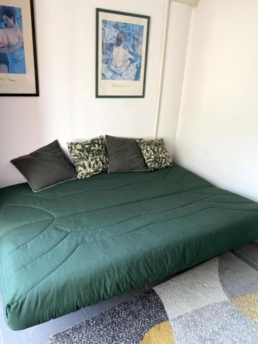 - un lit vert dans un coin de chambre dans l'établissement T2 en entrée de Cassis, à Cassis