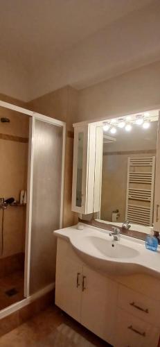 a bathroom with a sink and a mirror and a shower at Pale Orb Properties Porto Heli in Porto Heli