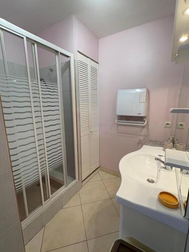 une salle de bain avec un lavabo et une douche en verre dans l'établissement Villa avec piscine a 6 min du port Saint-Cyprien, à Saint Cyprien Plage