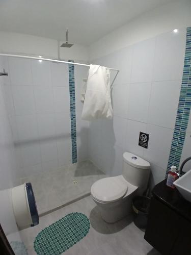 a bathroom with a toilet and a shower and a sink at Hotel Plaza Norte Cali in Cali