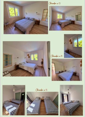 un collage de quatre photos d'une chambre dans l'établissement La Maison du Régisseur Gîte 10 personnes, à Narbonne