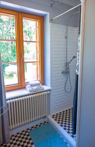 a bathroom with a shower with a radiator and a window at Stately Home in Magdalenka Warsaw in Magdalenka